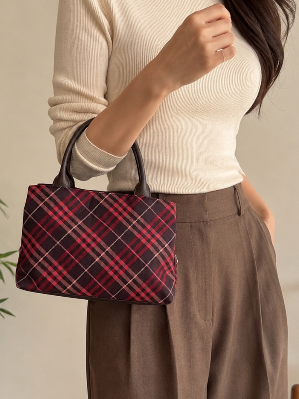 Burberry Blue Label Plaid Nylon Tote Handbag Brown Red
